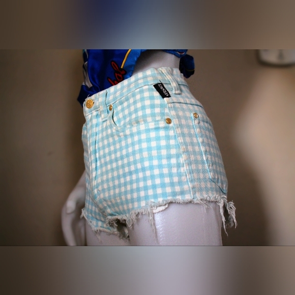 💙 Vintage Versace '90s Plaid High Waist Prairie Shorts - Picture 7 of 16